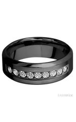 8 mm wide/High Bevel/Zirconium band with an arrangement of 9, .05 carat Round Diamond stones in a Bead setting.