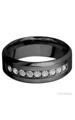 8 mm wide/High Bevel/Zirconium band with an arrangement of 9, .05 carat Round Diamond stones in a Bead setting.