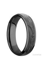 6 mm wide/Domed/Zirconium band with one 4 mm Centered inlay of Forged Carbon Fiber.