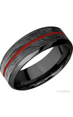 8 mm wide/High Bevel/Zirconium band featuring inlays of Forged Carbon Fiber and Red Apple.