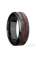 8 mm wide/High Bevel/Zirconium band featuring inlays of Forged Carbon Fiber and Red Apple.