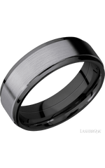 7 mm wide/Flat Grooved Edges/Zirconium band with one 5 mm Raised Centered inlay of Tantalum.