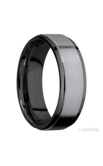 7 mm wide/Flat Grooved Edges/Zirconium band with one 5 mm Raised Centered inlay of Tantalum.