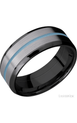 8 mm wide/Beveled/Zirconium band featuring inlays of Tantalum and Polar Blue.