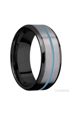 8 mm wide/Beveled/Zirconium band featuring inlays of Tantalum and Polar Blue.