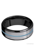 8 mm wide/Beveled/Zirconium band featuring inlays of Tantalum and Polar Blue.