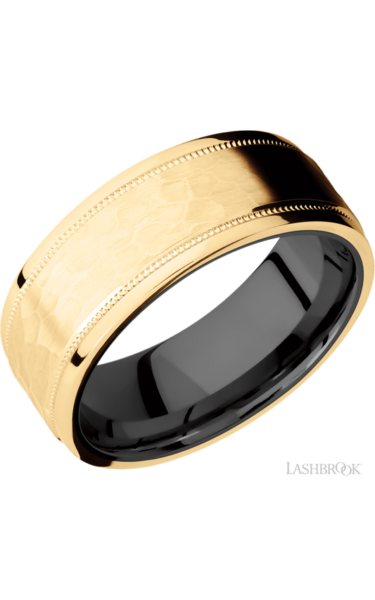 8 mm wide Flat Stepped Edges Milgrain 14K Yellow Gold band featuring a Zirconium sleeve.