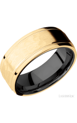 8 mm wide Flat Stepped Edges Milgrain 14K Yellow Gold band featuring a Zirconium sleeve.