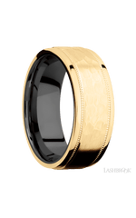 8 mm wide Flat Stepped Edges Milgrain 14K Yellow Gold band featuring a Zirconium sleeve.
