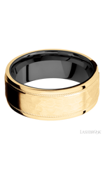 8 mm wide Flat Stepped Edges Milgrain 14K Yellow Gold band featuring a Zirconium sleeve.