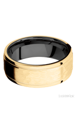 8 mm wide Flat Stepped Edges Milgrain 14K Yellow Gold band featuring a Zirconium sleeve.