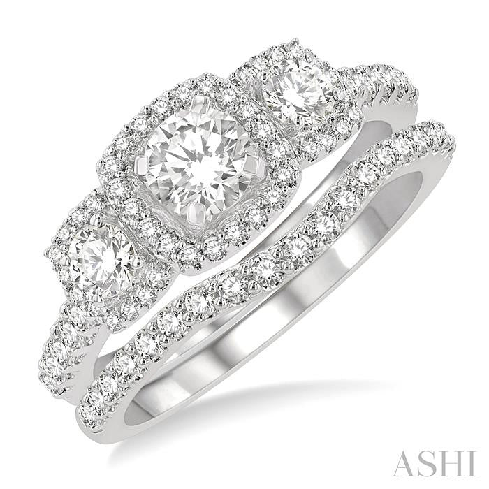 ASHI Cushion Shape Past Present & Future Halo Diamond Wedding Set 243M0PPFHWG-WS-1.25