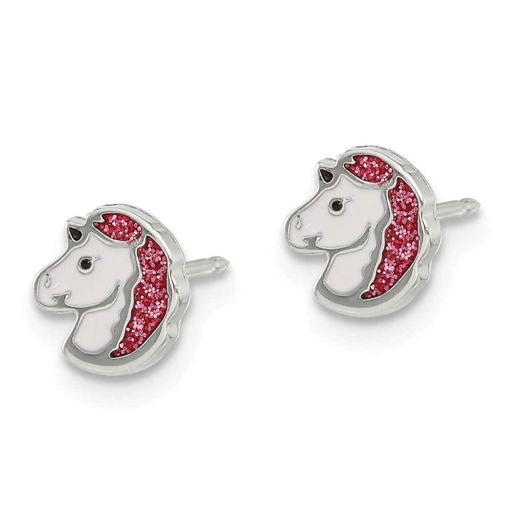 3586E Inverness Stainless Steel White and Pink Glitter Enamel Unicorn Earrings
