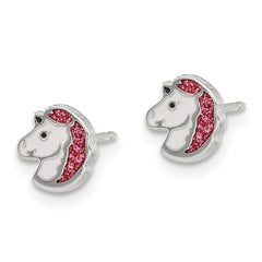 3586E Inverness Stainless Steel White and Pink Glitter Enamel Unicorn Earrings