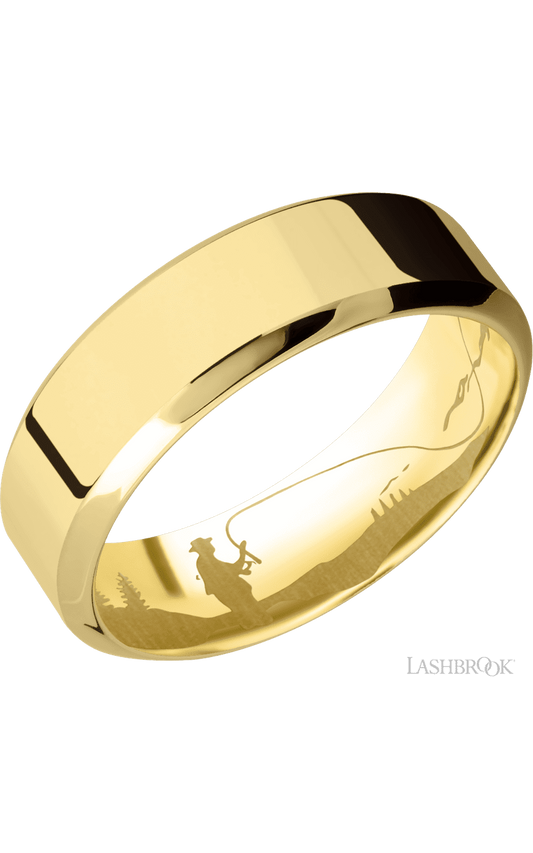 7 mm wide High Bevel 14K Yellow Gold band.