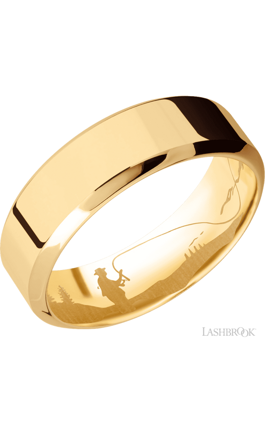 7 mm wide High Bevel 14K Yellow Gold band.