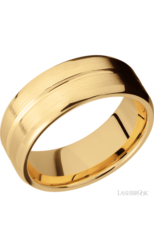 8 mm wide Beveled with Center Accent Groove 14K Yellow Gold band.