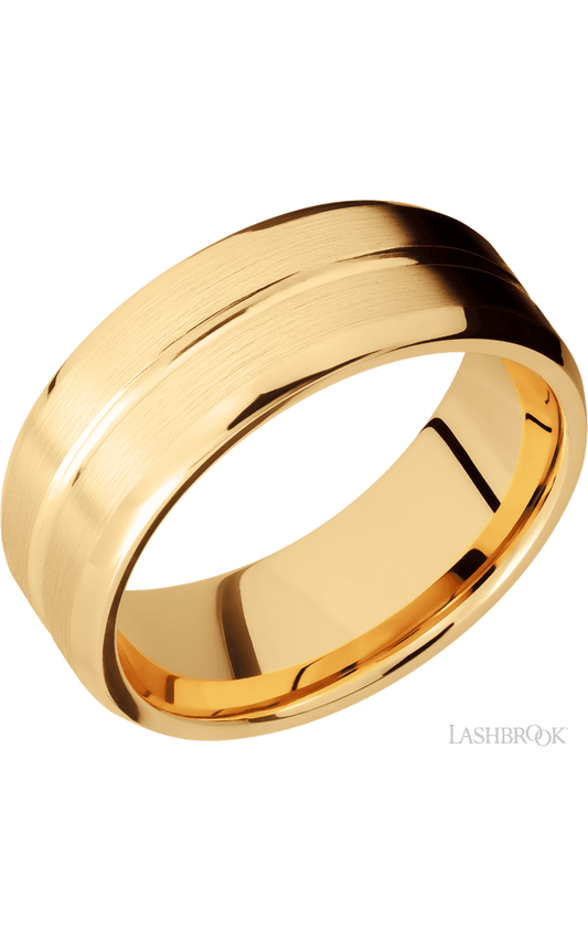 8 mm wide Beveled with Center Accent Groove 14K Yellow Gold band.