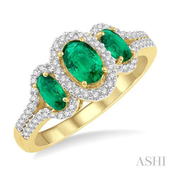 ASHI Oval Shape Past Present & Future Gemstone & Halo Diamond Ring 40997PPTSEMYG