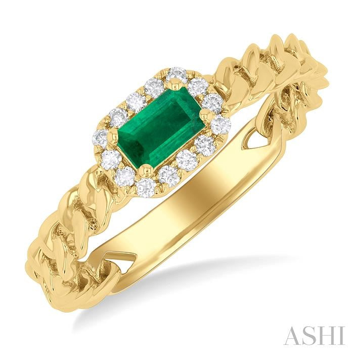 ASHI Emerald Shape Curb & Cuban East-West Gemstone & Halo Diamond Ring 41418PPTGEMYG-OC