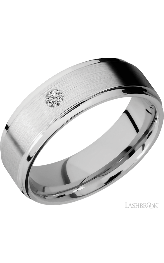 7 mm wide/Flat Grooved Edges/14K White Gold band with an arrangement of 1, .1 carat Round Diamond stones in a Flush setting.