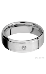 7 mm wide/Flat Grooved Edges/14K White Gold band with an arrangement of 1, .1 carat Round Diamond stones in a Flush setting.