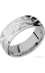 8 mm wide/Domed Stepped Down Edges/14K White Gold band with a machined Lattice pattern.