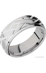8 mm wide/Domed Stepped Down Edges/14K White Gold band with a machined Lattice pattern.