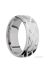 8 mm wide/Domed Stepped Down Edges/14K White Gold band with a machined Lattice pattern.