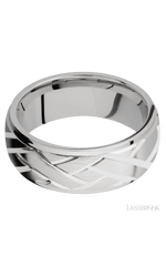 8 mm wide/Domed Stepped Down Edges/14K White Gold band with a machined Lattice pattern.