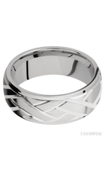 8 mm wide/Domed Stepped Down Edges/14K White Gold band with a machined Lattice pattern.