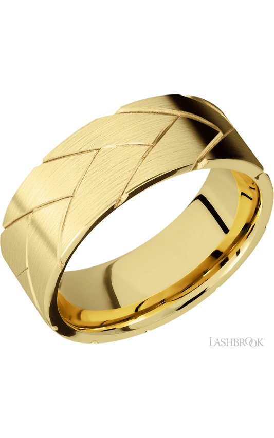 8 mm wide/Flat/14K Yellow Gold band with a machined Flatbraid pattern.