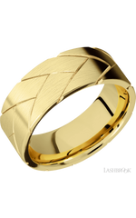 8 mm wide/Flat/14K Yellow Gold band with a machined Flatbraid pattern.