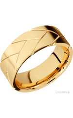 8 mm wide/Flat/14K Yellow Gold band with a machined Flatbraid pattern.