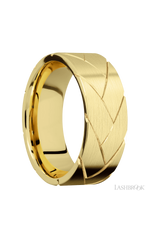 8 mm wide/Flat/14K Yellow Gold band with a machined Flatbraid pattern.