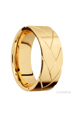 8 mm wide/Flat/14K Yellow Gold band with a machined Flatbraid pattern.
