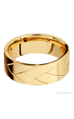 8 mm wide/Flat/14K Yellow Gold band with a machined Flatbraid pattern.