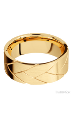 8 mm wide/Flat/14K Yellow Gold band with a machined Flatbraid pattern.