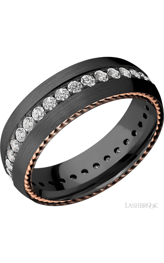 7 mm wide/Domed/Zirconium band with two 1 mm Sidebraid inlays of 14K Rose Gold and featuring an Eternity arrangement of .03 carat Round Lab Grown Diamond stones in a Bead setting
