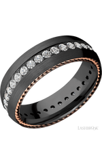 7 mm wide/Domed/Zirconium band with two 1 mm Sidebraid inlays of 14K Rose Gold and featuring an Eternity arrangement of .03 carat Round Lab Grown Diamond stones in a Bead setting