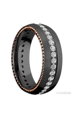 7 mm wide/Domed/Zirconium band with two 1 mm Sidebraid inlays of 14K Rose Gold and featuring an Eternity arrangement of .03 carat Round Lab Grown Diamond stones in a Bead setting