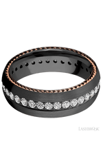 7 mm wide/Domed/Zirconium band with two 1 mm Sidebraid inlays of 14K Rose Gold and featuring an Eternity arrangement of .03 carat Round Lab Grown Diamond stones in a Bead setting