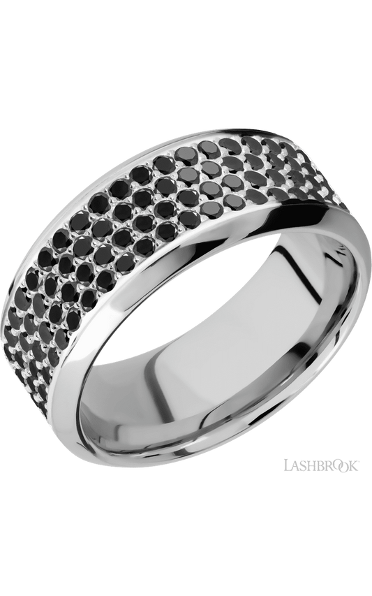 9 mm wide/High Bevel/14K White Gold band with a 4 Row Half Eternity arrangement of .015 carat Round Black Diamond stones in a Bead Channel setting.