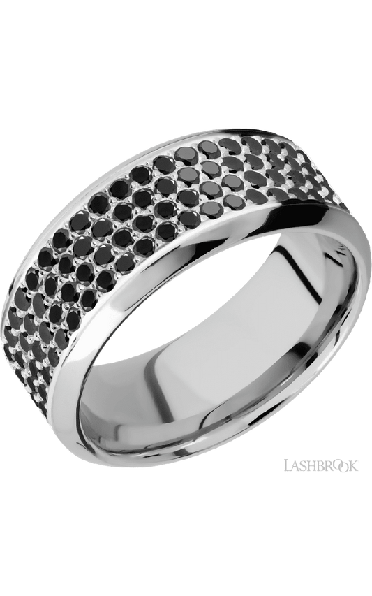 9 mm wide/High Bevel/14K White Gold band with a 4 Row Half Eternity arrangement of .015 carat Round Black Diamond stones in a Bead Channel setting.