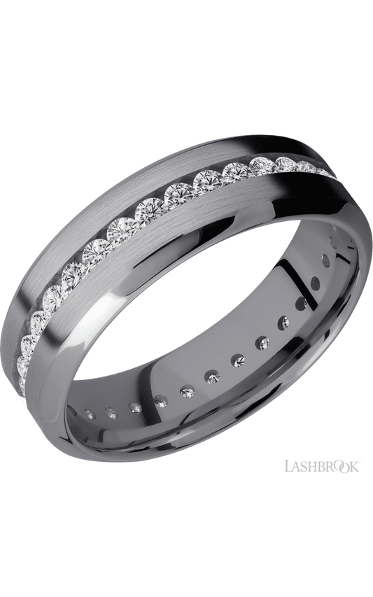7 mm wide/High Bevel/Tantalum band with an Eternity arrangement of .03 carat Round Lab Grown Diamond stones in a Channel setting.