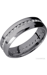 7 mm wide/High Bevel/Tantalum band with an Eternity arrangement of .03 carat Round Lab Grown Diamond stones in a Channel setting.