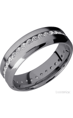 7 mm wide/High Bevel/Tantalum band with an Eternity arrangement of .03 carat Round Lab Grown Diamond stones in a Channel setting.