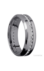 7 mm wide/High Bevel/Tantalum band with an Eternity arrangement of .03 carat Round Lab Grown Diamond stones in a Channel setting.