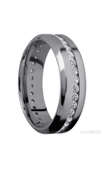 7 mm wide/High Bevel/Tantalum band with an Eternity arrangement of .03 carat Round Lab Grown Diamond stones in a Channel setting.