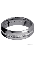 7 mm wide/High Bevel/Tantalum band with an Eternity arrangement of .03 carat Round Lab Grown Diamond stones in a Channel setting.